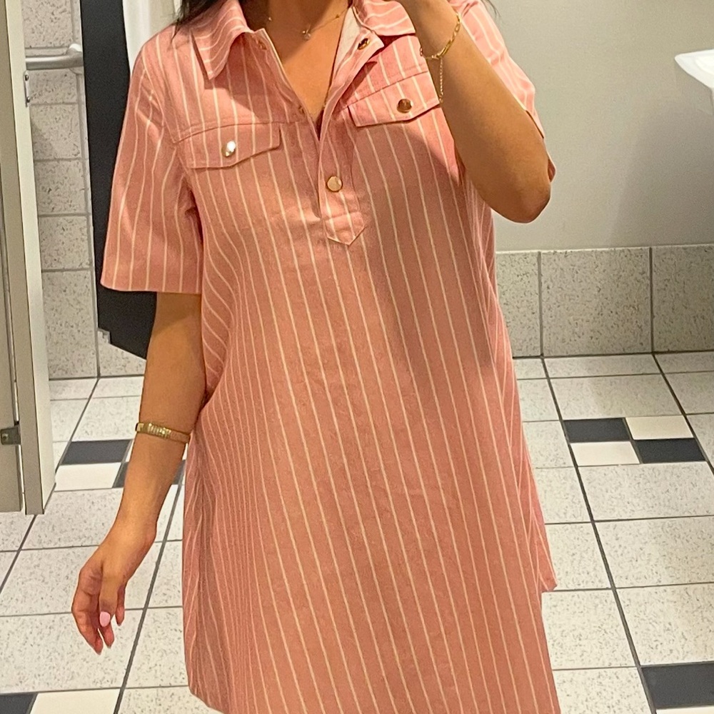 Pink Denim Striped Shirt Dress